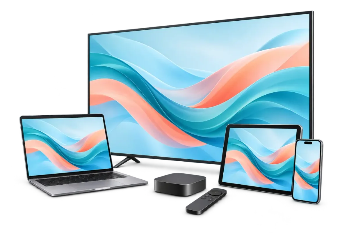 A television, laptop, tablet, phone and streaming box displaying abstract artwork